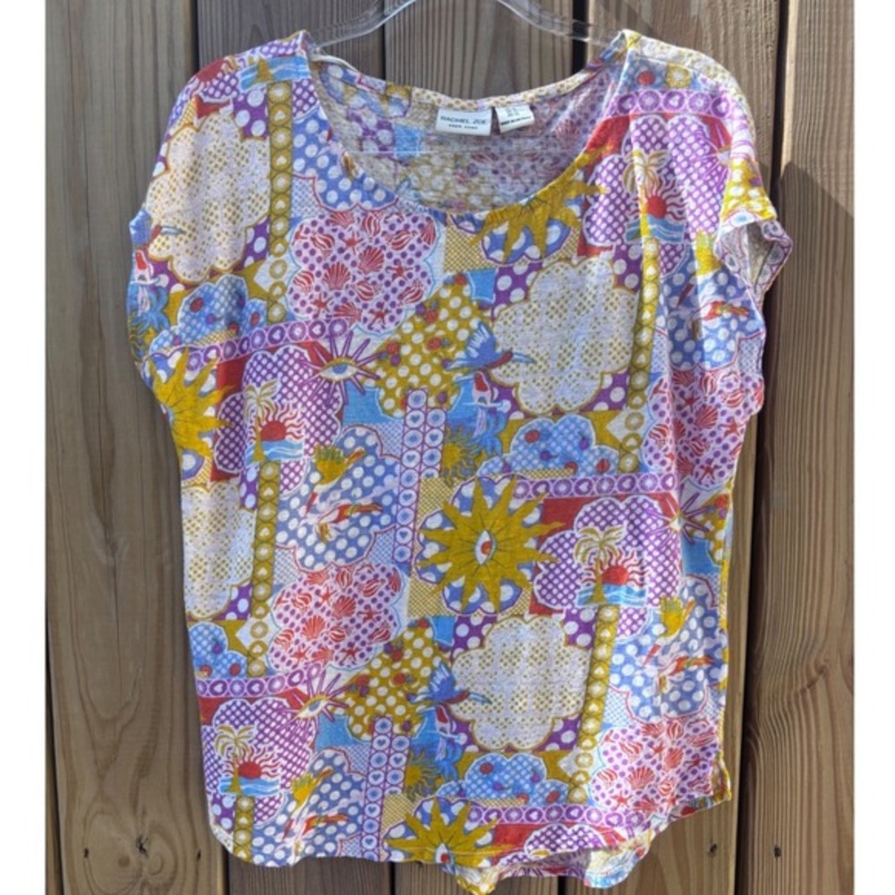 Rachel Zoe Women XL 100% Linen Top Celestial Sun Tropical Print Short Sleeve Tee